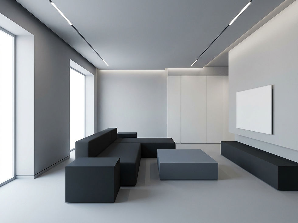 3D rendering of a monochromatic living space in charcoal, slate, and bone white. Features seamless walls, flush baseboards, and structured geometric furniture. The environment is immaculate and clutter-free, defined by integrated lighting and fully concealed storage.