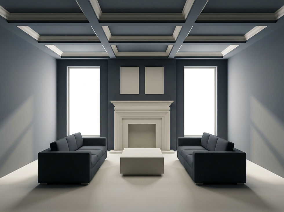 A minimalist, grayscale 3D clay render of a perfectly symmetrical traditional living room featuring a central fireplace and blank geometric furniture.