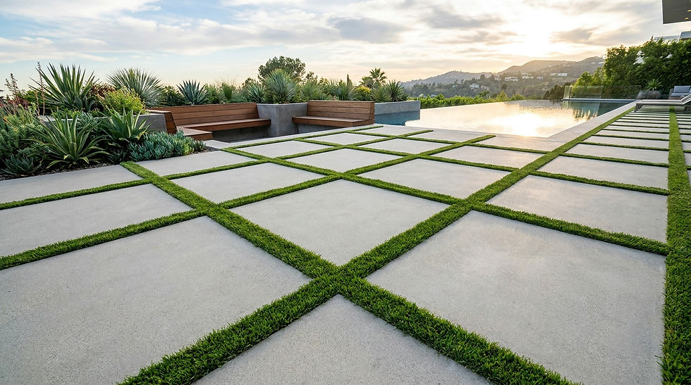 Hardscape detail. A patio of square concrete pavers arranged in a perfect grid with straight grass joints.