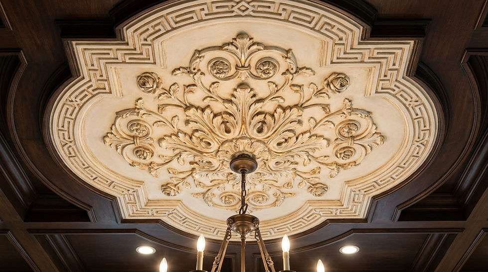 Architectural detail. A close-up of a ceiling medallion featuring deeply carved, multi-layered floral plaster motifs.