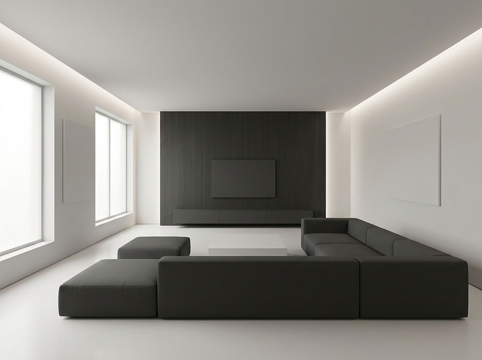 3D monochromatic architectural rendering of a seamless, linear living space with monolithic furniture massing and diffused lighting, designed to evoke visual silence and sensory protection.