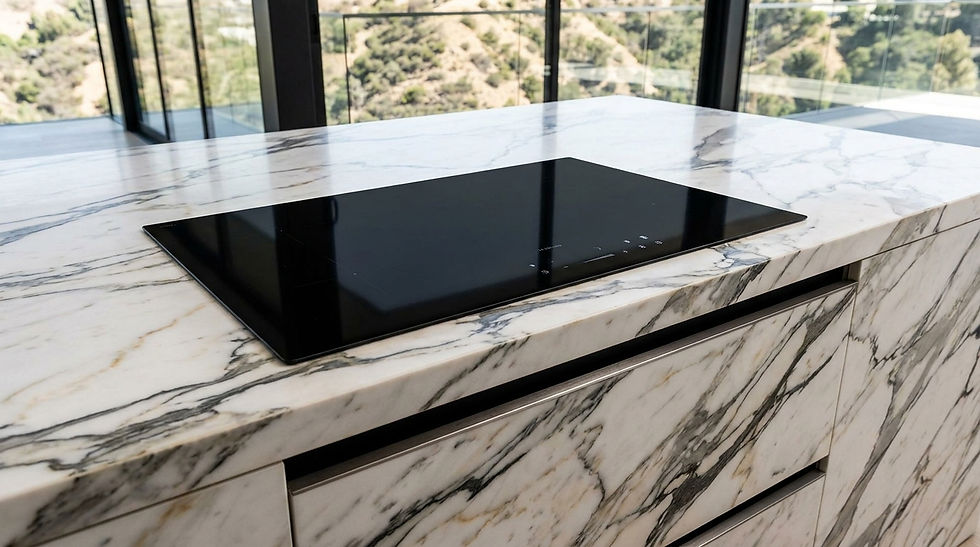 Discipline 2 - SD 1 - Heavily veined calcatta kitchen countertop with an electric stove cl
