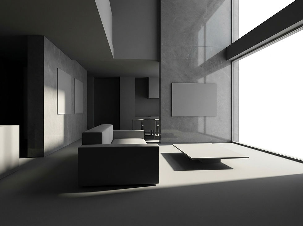 3D monochromatic architectural rendering of a stark, sharp-edged living space with rigid furniture massing, designed to evoke analytical precision and objective authority.