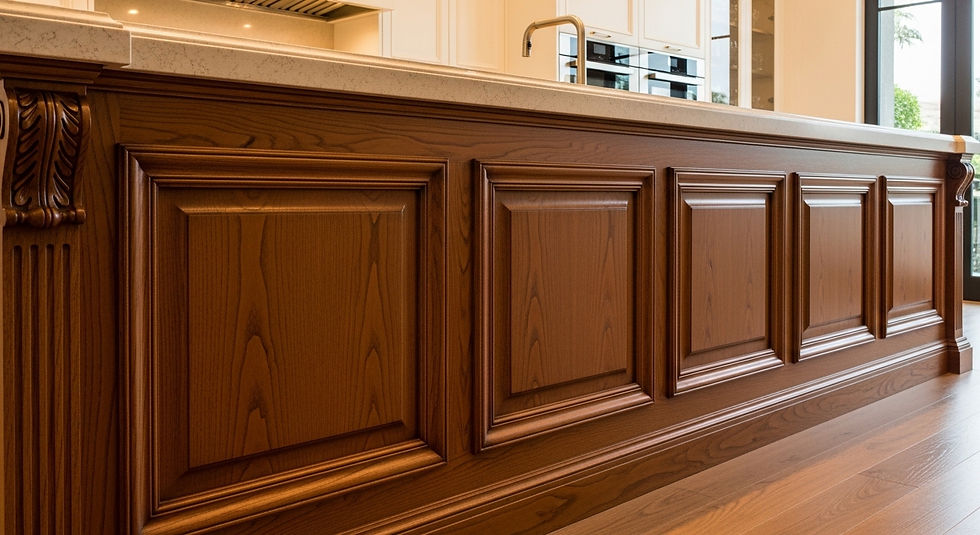 Surface detail. A wood wall with raised boiserie panels. The molding projects from the wall, creating depth. This is a kitchen island (the wall is the wall of a kitchen island) in a luxury modern realistic los angeles home