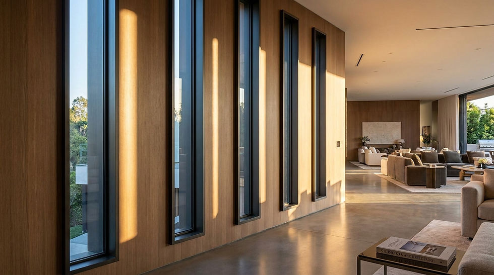 Aperture detail. A series of a few tall, narrow vertical slit windows placed rhythmically down a hallway and into the living room.