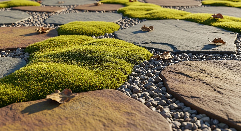 Hardscape detail. A path made of irregular flagstones with wide gaps filled with moss or gravel. Random shapes.