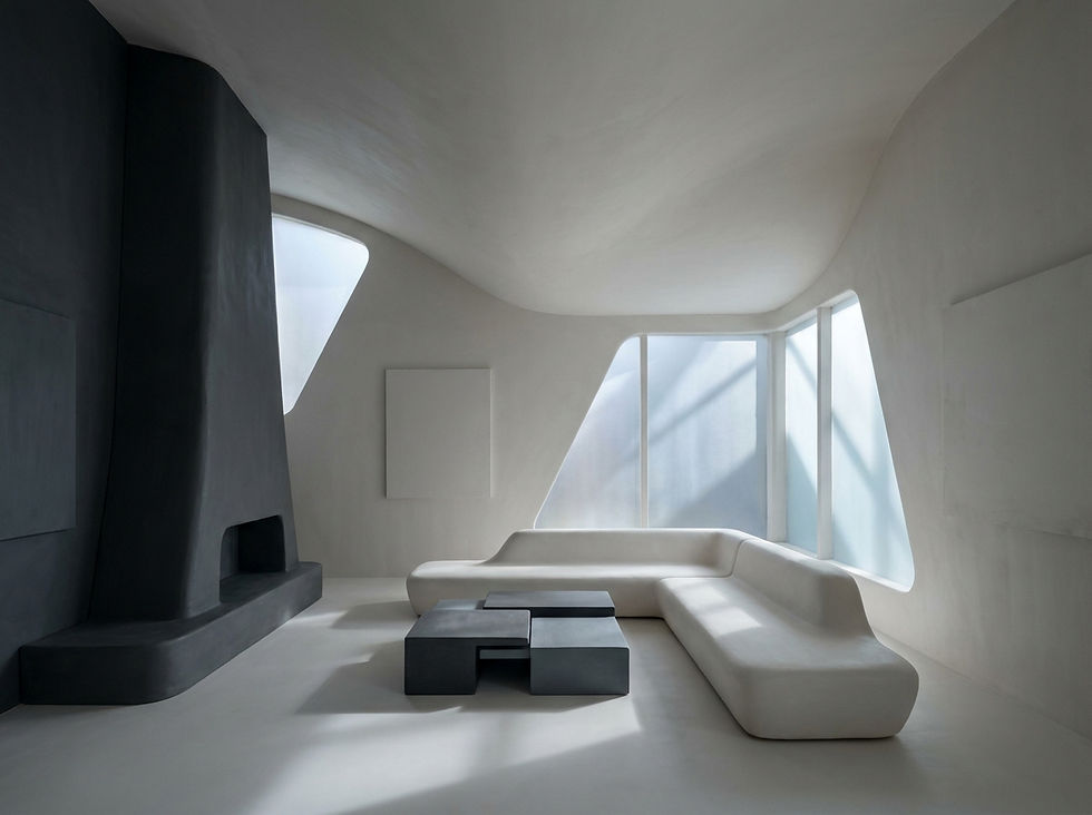 A grayscale 3D clay render of an avant-garde living room featuring sweeping curved walls and asymmetrical geometric furniture.