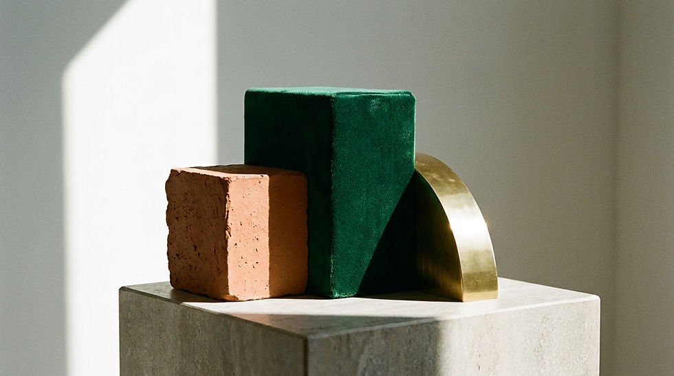 Abstract still life. A block of classic terracotta sits beside a block of deep, saturated emerald green velvet and a sliver of polished brass. Clean, directional light.
