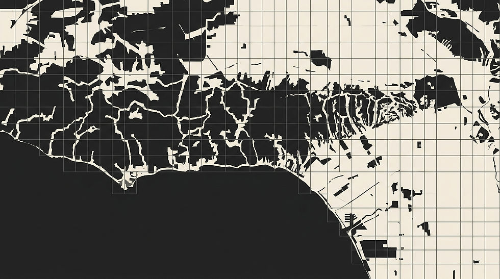 S THE FIRM ROUTER 2 - A map of the greater LA area in beige and charcoal representing the