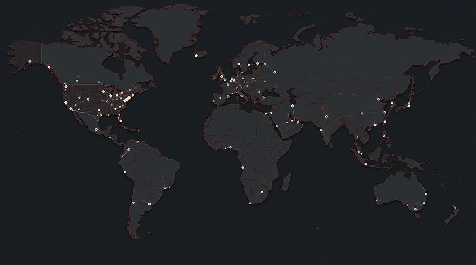 A highly stylized, minimalist, dark-mode cartographic map of the United States and global