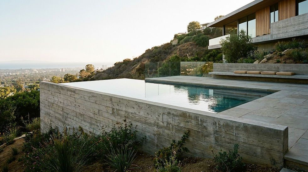 Architectural photography, eye-level wide shot of a modern negative-edge pool patio integrated into a steep hillside property. The foreground features a rugged, board-formed concrete retaining wall with visible natural wood grain and subtle weathering. The pool water is clear, calm, and slightly reflective, not hyper-saturated. The deck is made of matte-finish natural stone, showing realistic texture. In the background, a soft, hazy view of the Los Angeles basin during late afternoon. No people. High-end, clean, professional architectural photography style, natural lighting, sharp focus