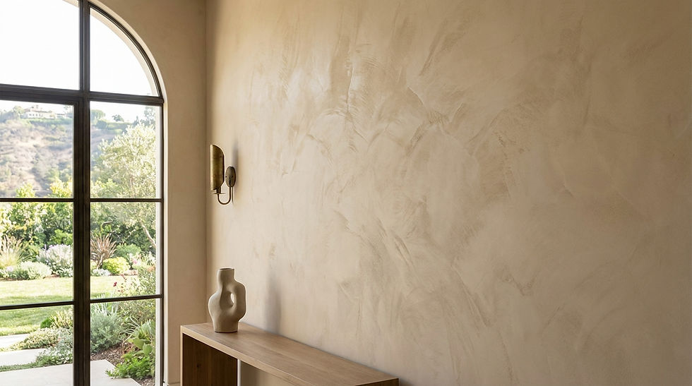 Architectural detail. A seamless, hand-troweled plaster wall. The trowel marks overlap randomly in all directions.