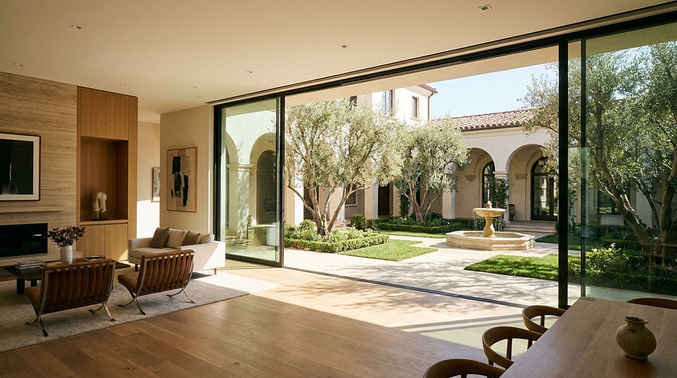 Architectural photography of a Beverly Hills estate focusing on seamless modernization. A sun-drenched, open-concept living space that flows directly into a manicured historic courtyard. The transition is blurred by oversized, frameless glass sliding doors, harmonizing modern minimalism with the established classic architecture. Warm, refined atmosphere, sharp focus on the indoor-outdoor connection. Professional portfolio quality, 8k resolution, elegant architectural lines.