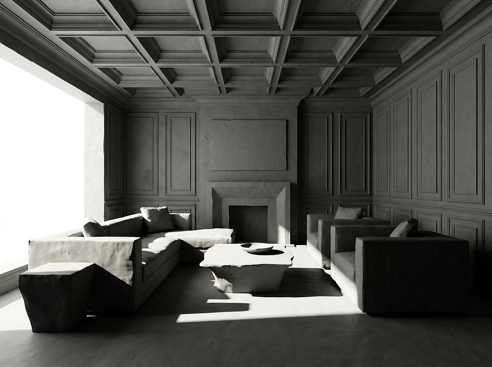 3D monochromatic architectural rendering of a high-contrast, dramatic living space with hard, directional lighting and articulated, tense geometry, designed to evoke sensory stimulation and theatricality.