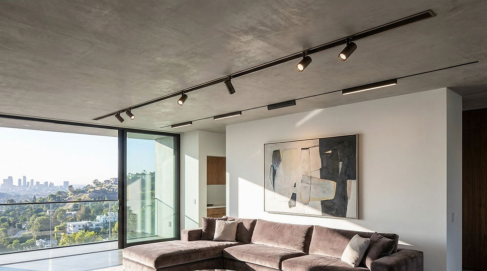 Fixture detail. A magnetic lighting track running in a continuous, unbroken straight line across a ceiling