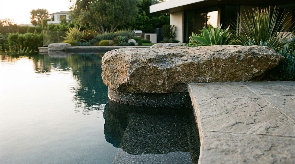 Hardscape detail. luxurious swimming pool waterline. The interior application is a random, dark pebble-tec aggregate, meeting a massive, irregular natural boulder incorporated directly into the coping.