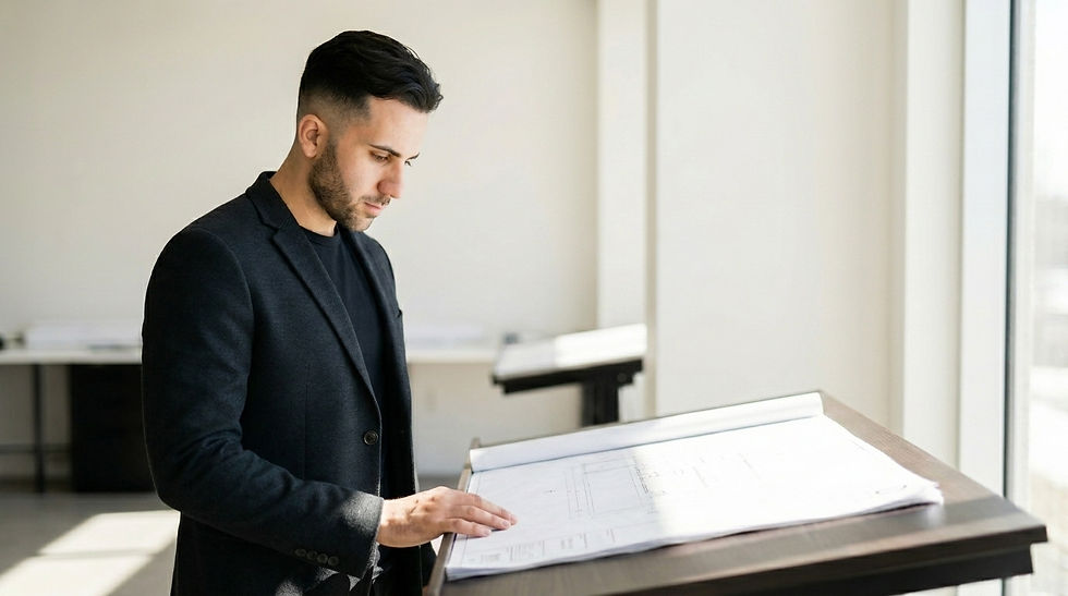 Arian G - Meridian Atelier's Principal examining architectural blueprints