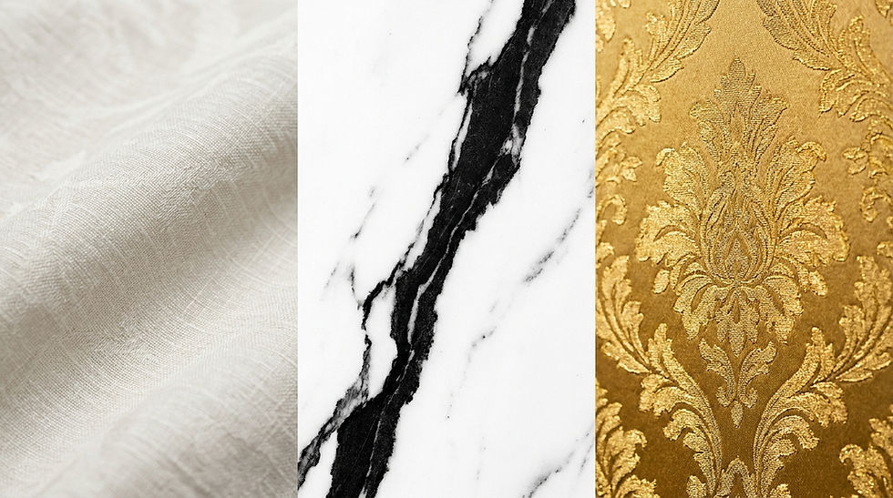 A three-part vertical split composition focusing purely on visual weight. Left (Minimal): A close-up of soft, off-white linen fabric with a barely visible, tonal weave. Center (Graphic): A stark, high-contrast black and white marble slab with a thick, aggressive, graphic vein. Right (Ornate): A macro detail of highly intricate, densely patterned golden Damask wallpaper.