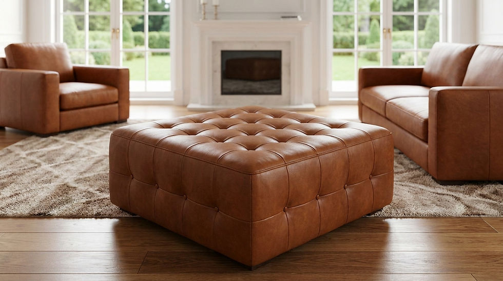 Furniture detail. A square tufted leather ottoman, showing the grid-based placement.