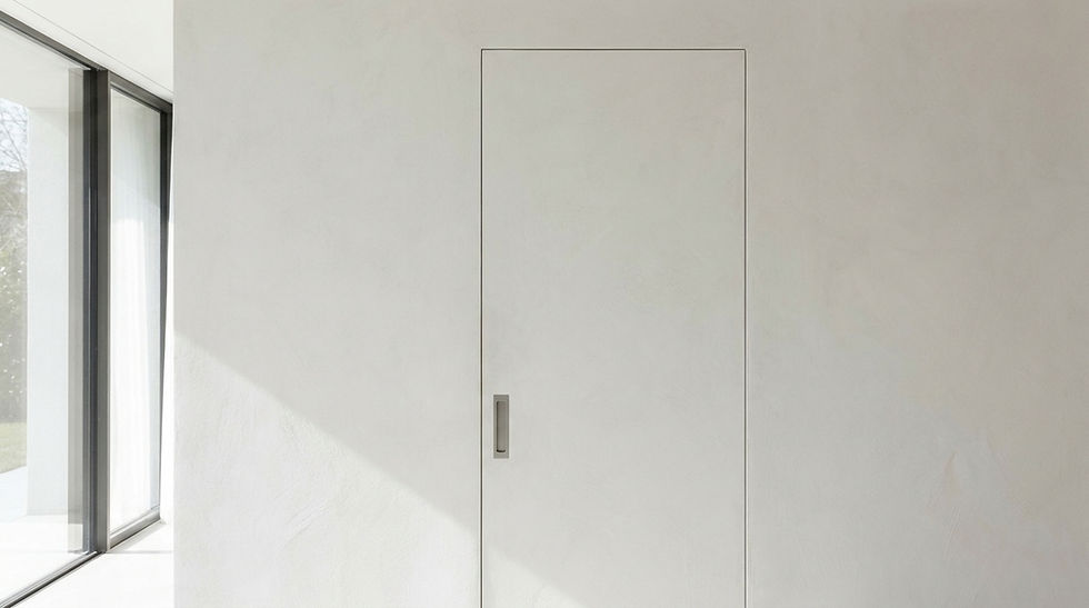 A seamless, frameless interior door painted the exact same white plaster color as the wall.