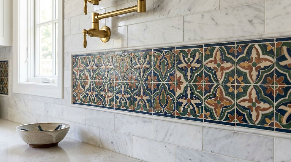 Surface detail. A complex, multi-colored mosaic tile border with a highly intricate geometric and floral pattern.