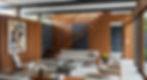 Interior shot of an 'Articulated' space. A Mid-Century Modern room with exposed post-and-beam ceiling construction.