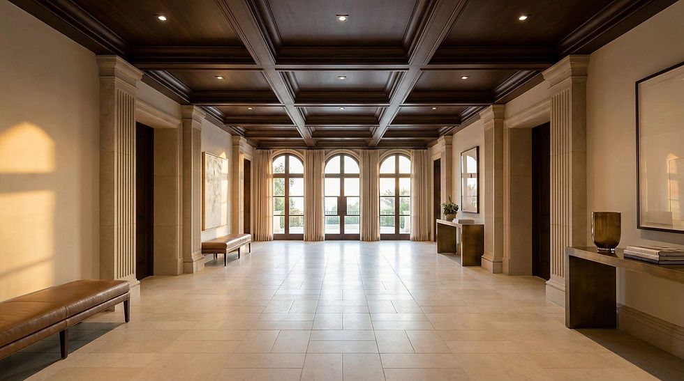 A luxury Beverly hills residential home interior showing a perfectly symmetrical Coffered Ceiling directly mirroring a perfectly aligned Stacked-Bond square stone floor below