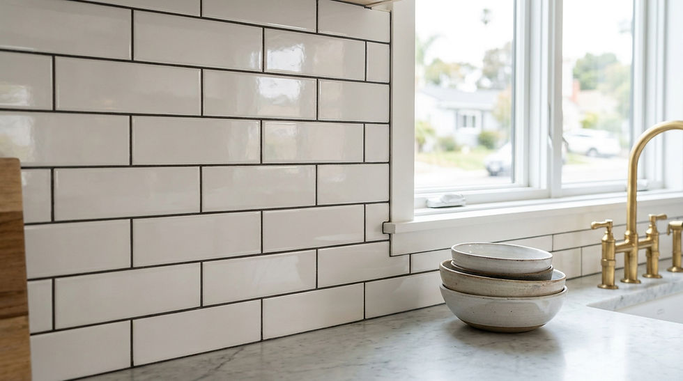 Surface detail. Subway tile installed in a classic running bond (brick) pattern. The staggered joints create horizontal movement.