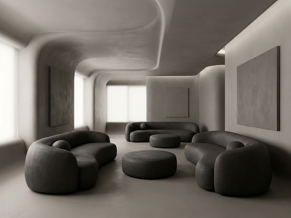 3D monochromatic architectural rendering of a soft, curved living space with plush, rounded furniture massing, designed to evoke tactile warmth and physical forgiveness.