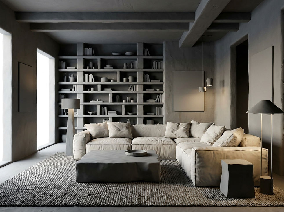 3D architectural rendering of a relaxed, lived-in living room in monochromatic shades of charcoal, slate, and bone white. The space features expansive open shelving, rumbled sofa, cozy living atmosphere.