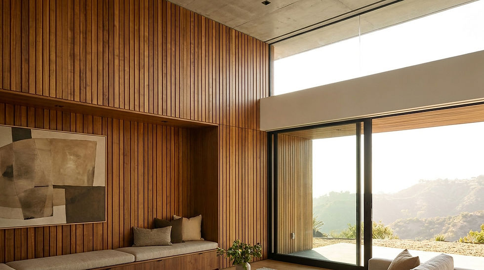 Architectural detail. Vertical slatted wood paneling on a wall, driving the eye upward to the ceiling.