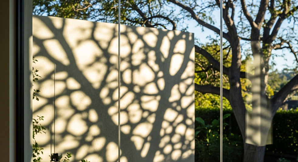 Aperture detail. A view through a window where the pattern comes from the shadows of tree branches falling on the glass.
