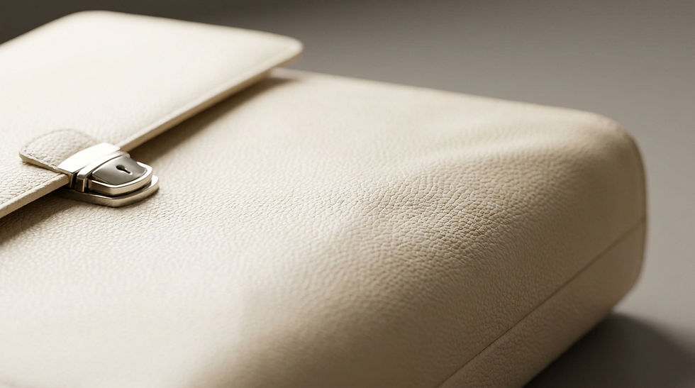 Up close image of a beige or off white briefcase of an architect laid on a table. The head