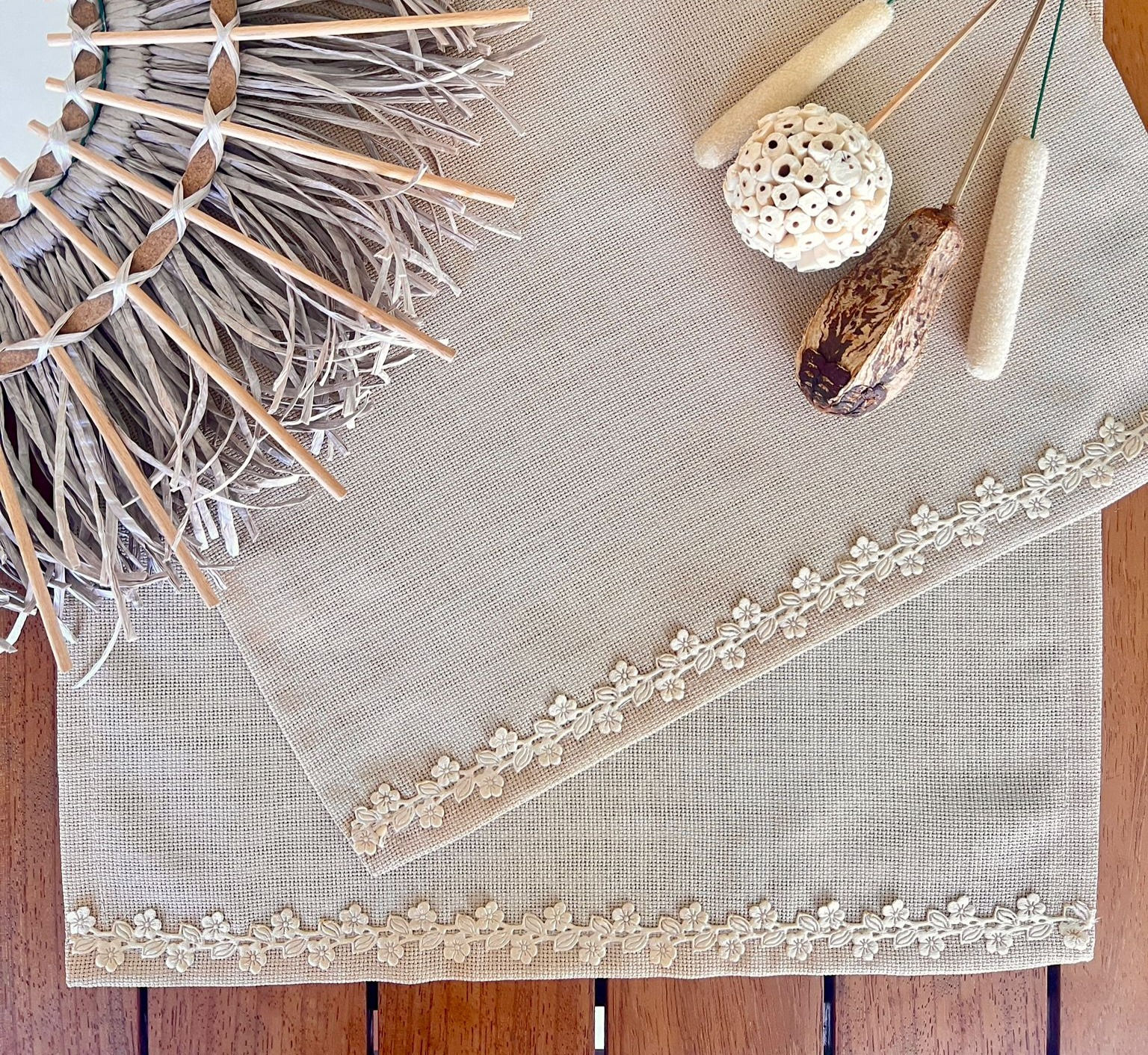 Bej Linen Keten Kare Kesim Runner