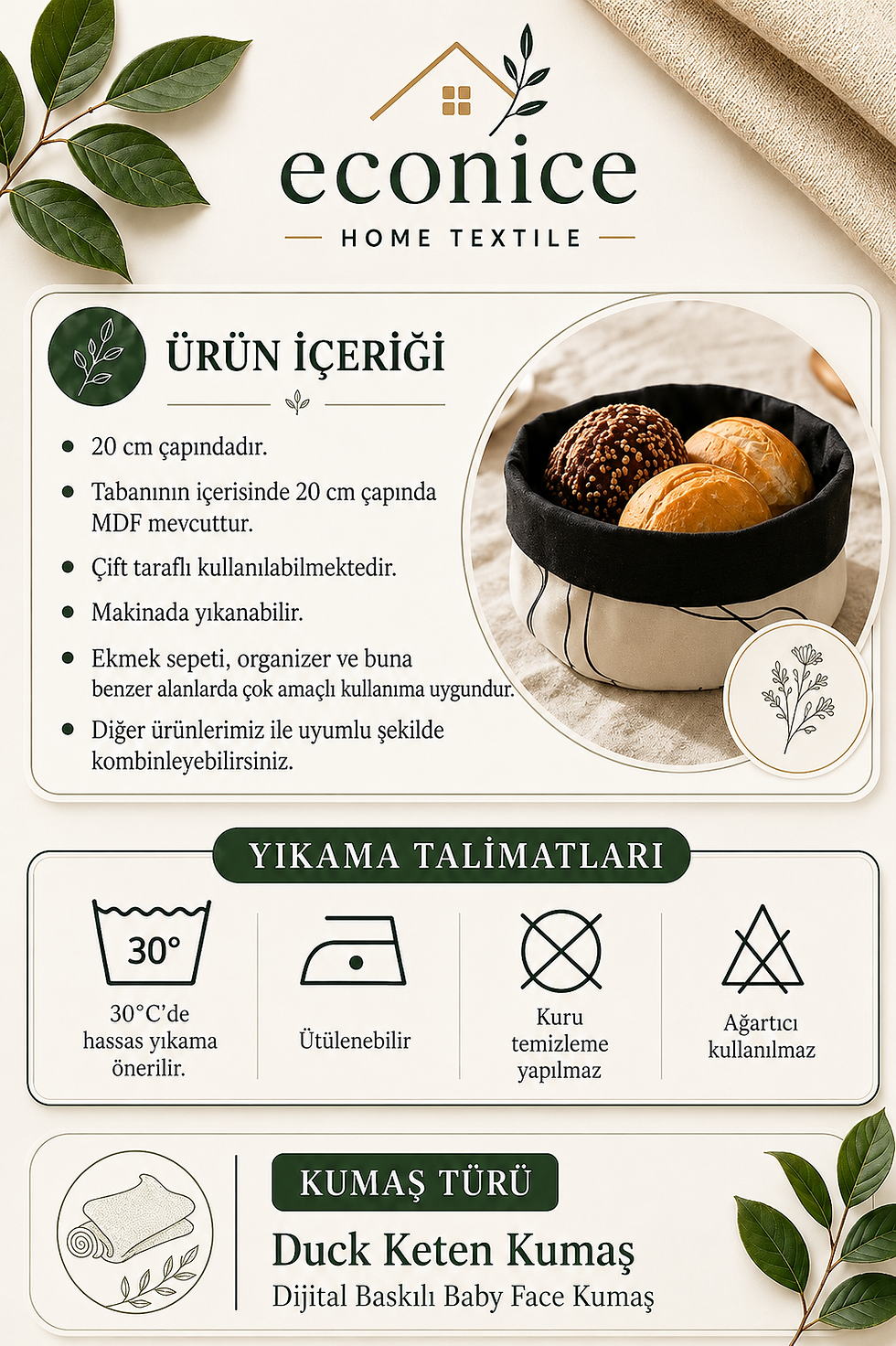 Küçük resim: Vintage Renkli Yaprak Desen Ekmek Sepeti Çok Amaçlı
