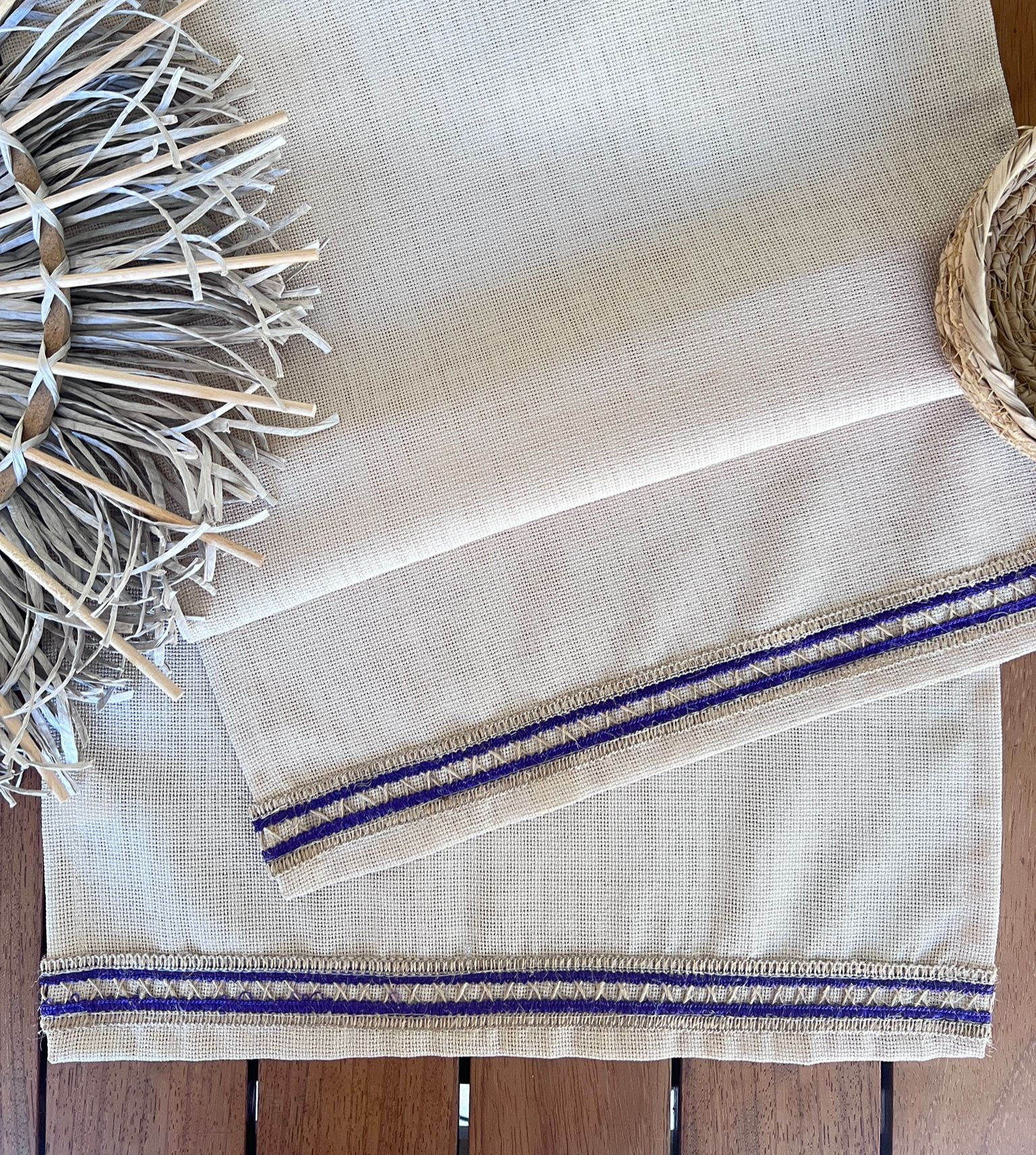 Linen Keten ,Jüt Dokulu, Mor Şeritli,Bej Renk Dekoratif Tasarım Runner