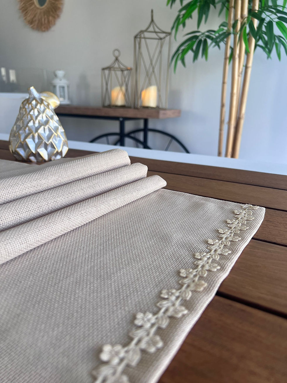 Küçük resim: Bej Linen Keten Kare Kesim Runner