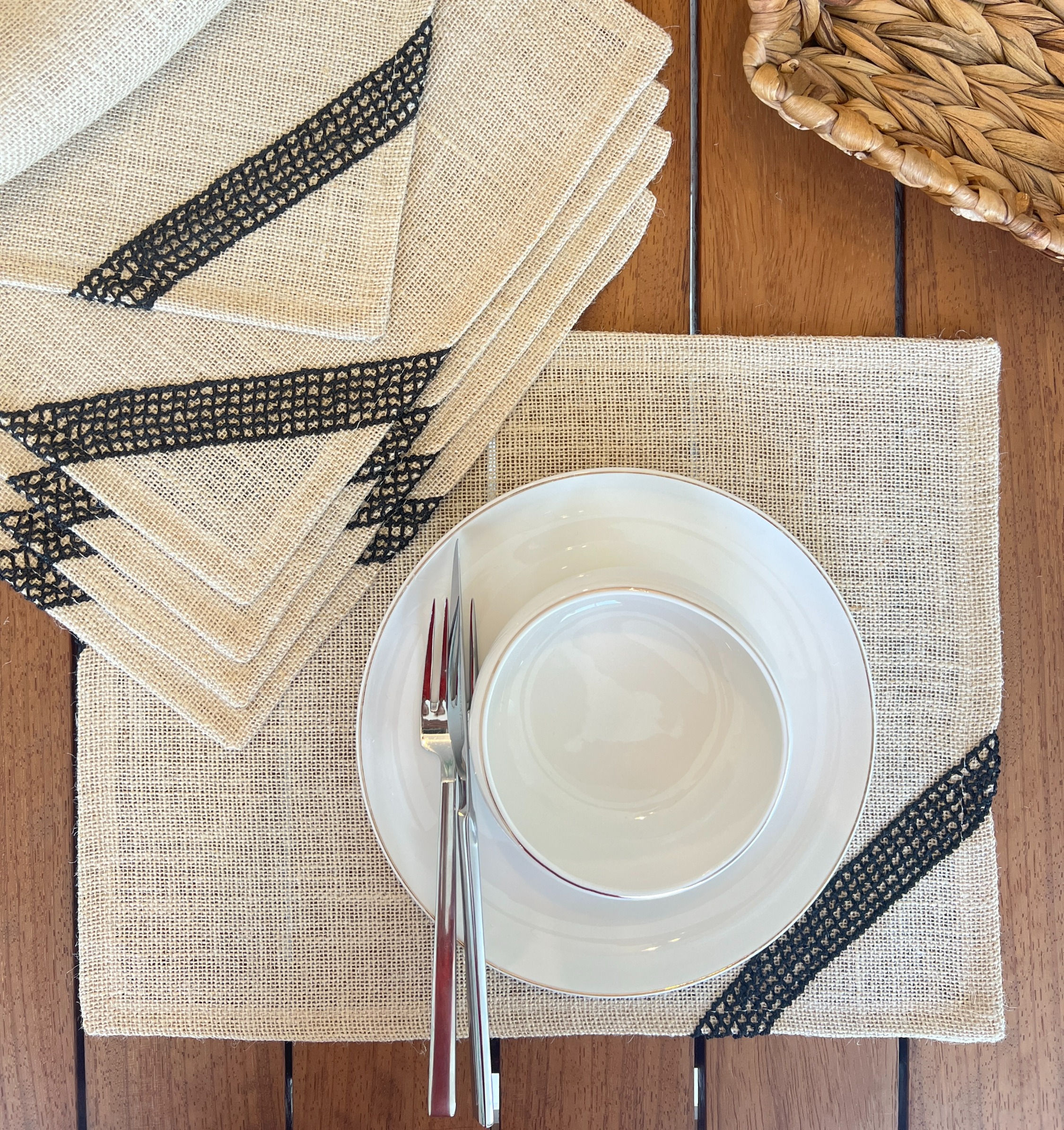 Siyah İşlemeli Linen Keten Amerikan Servis 6' lı