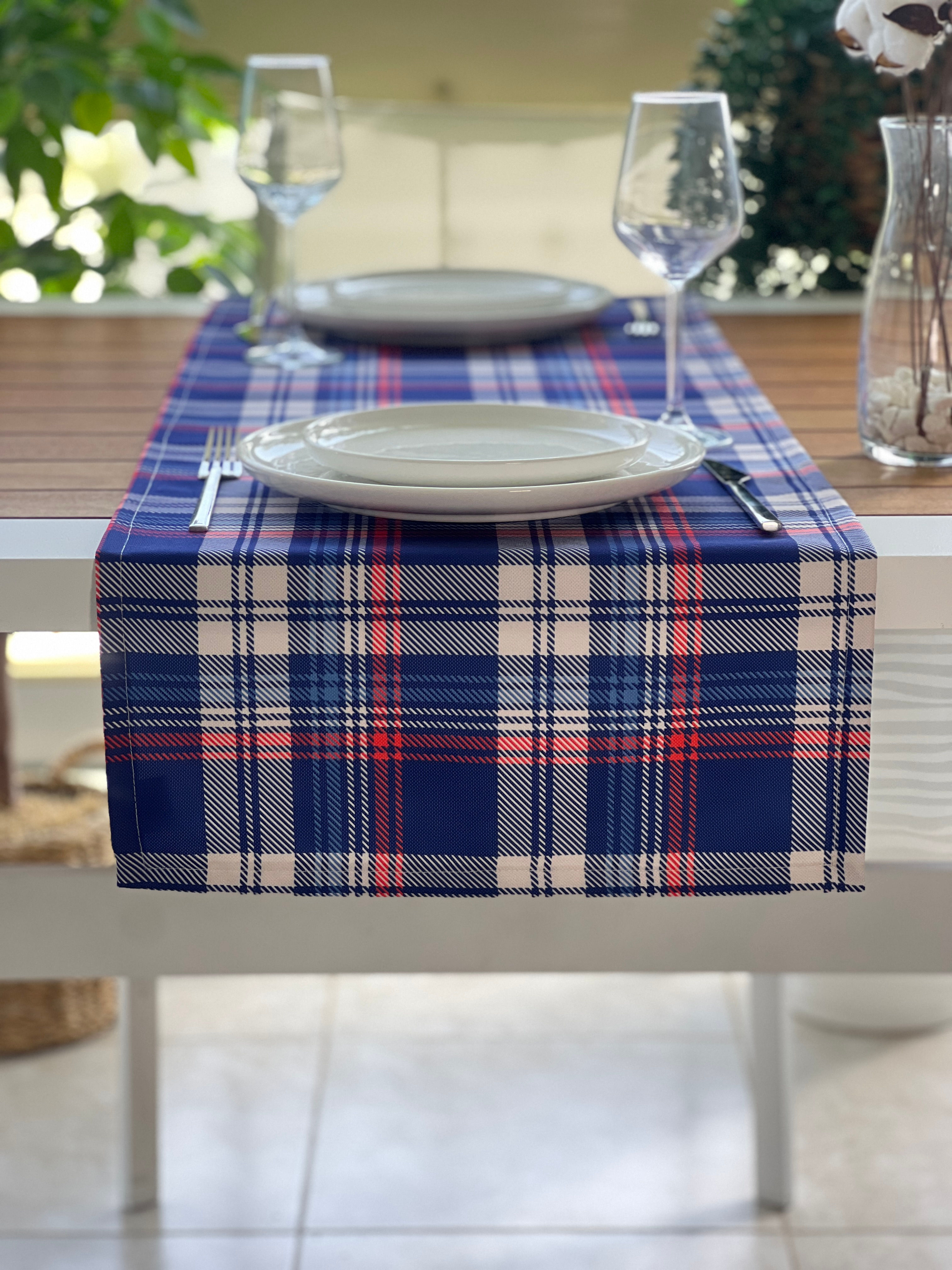 Lacivert Ekose Desen Kare Runner Örtü