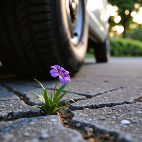 Fleur mauve poussant à travers les fissures d’un stationnement urbain, près d’un pneu de voiture, symbole poétique de la beauté têtue et de la résilience.