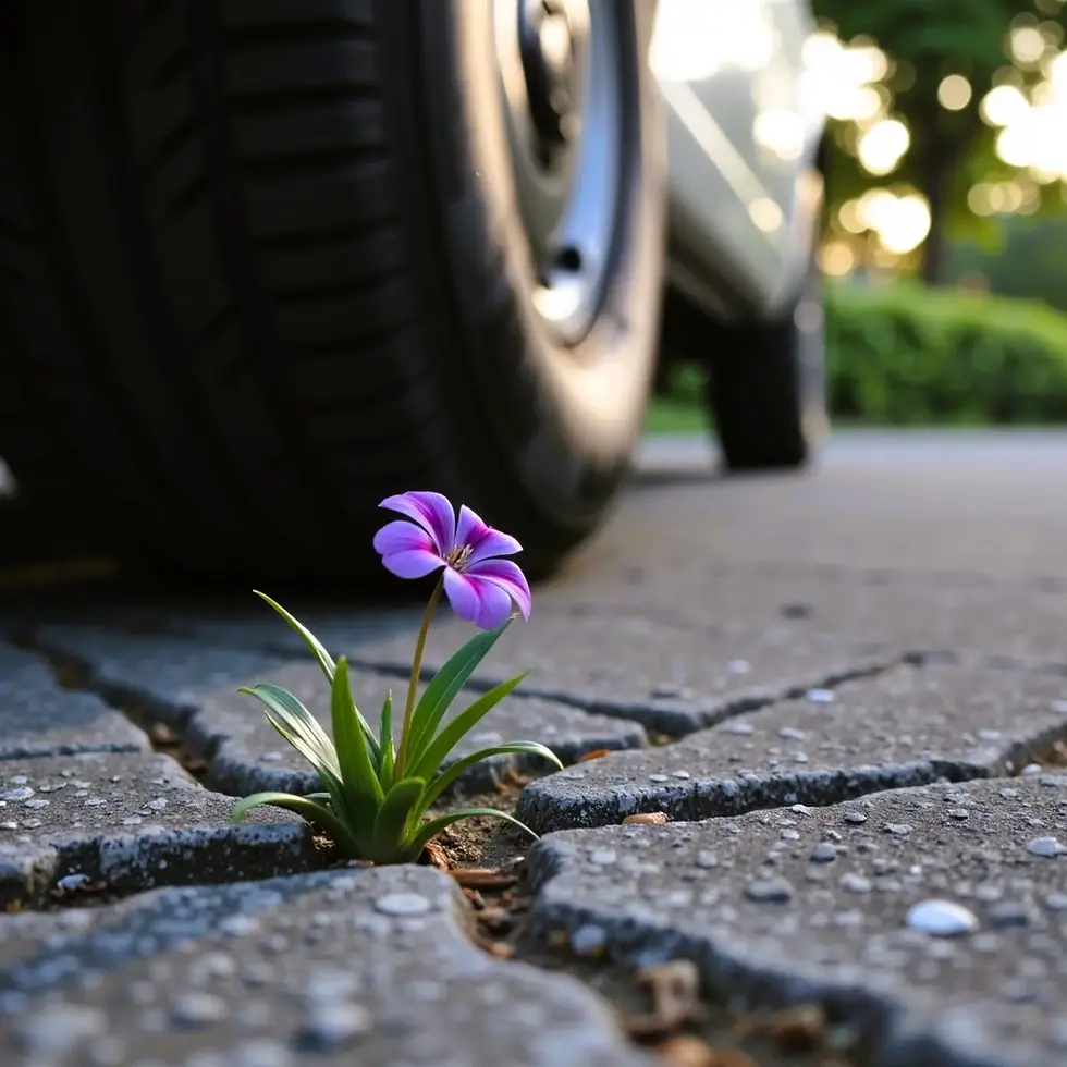 Fleur mauve poussant à travers les fissures d’un stationnement urbain, près d’un pneu de voiture, symbole poétique de la beauté têtue et de la résilience.