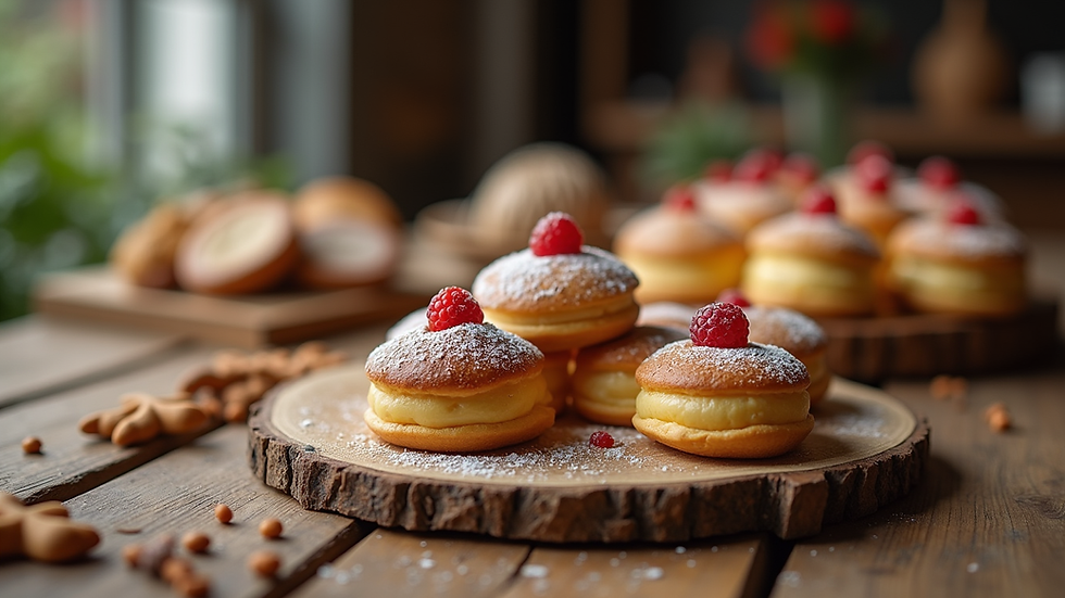 Close-up view of a rustic wooden table with an assortment of artisan desserts