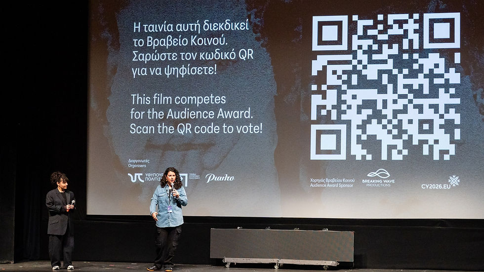 Audience Award voting promotion at Cyprus Film Days 2026, visualising a call to action, sponsor logos and a huge QR code for easy access