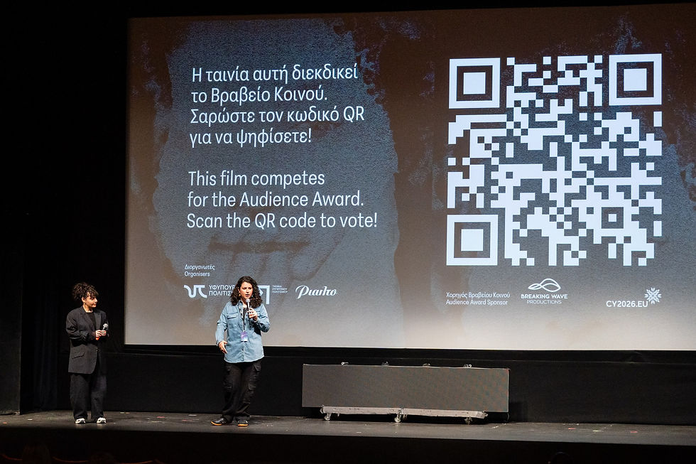 Audience Award voting promotion at Cyprus Film Days 2026, visualising a call to action, sponsor logos and a huge QR code for easy access