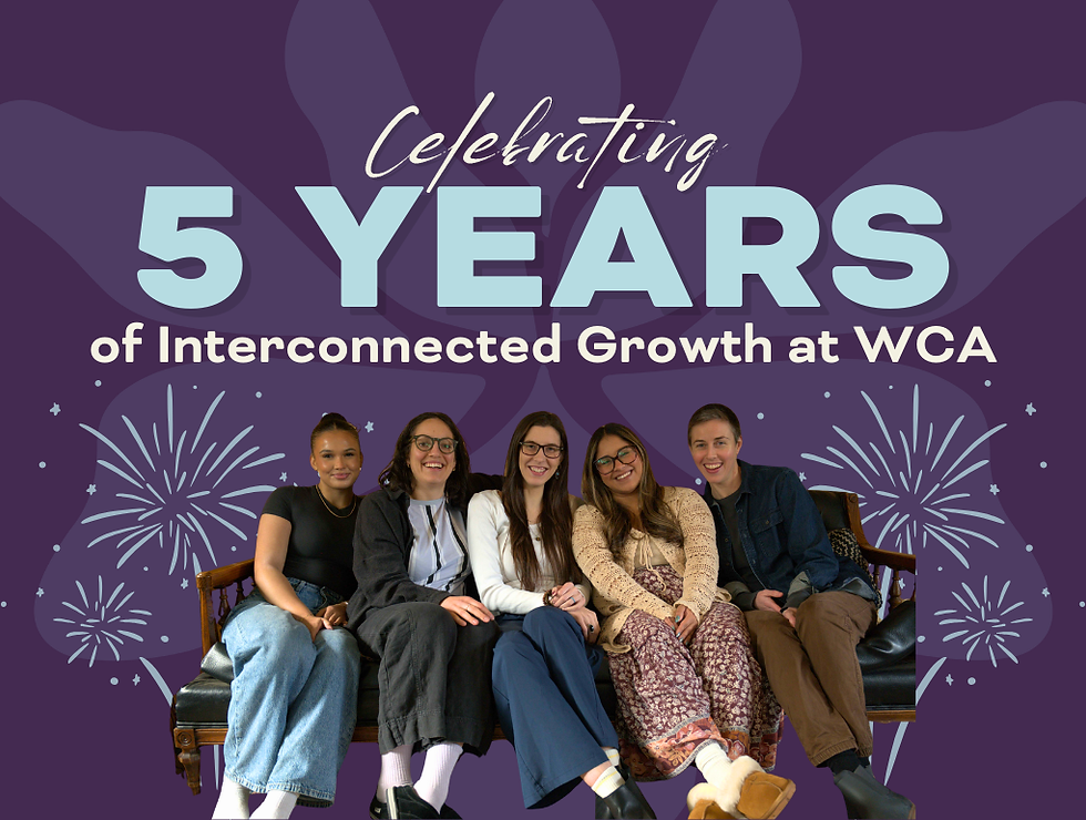 The article title, "Celebrating 5 years of interconnected growth at WCA" with a cut out photo of the five team members on a couch with fireworks around them on a dark purple background.