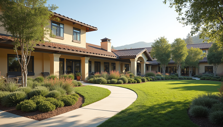 Eye-level view of a modern assisted living facility in Ventura County with landscaped gardens