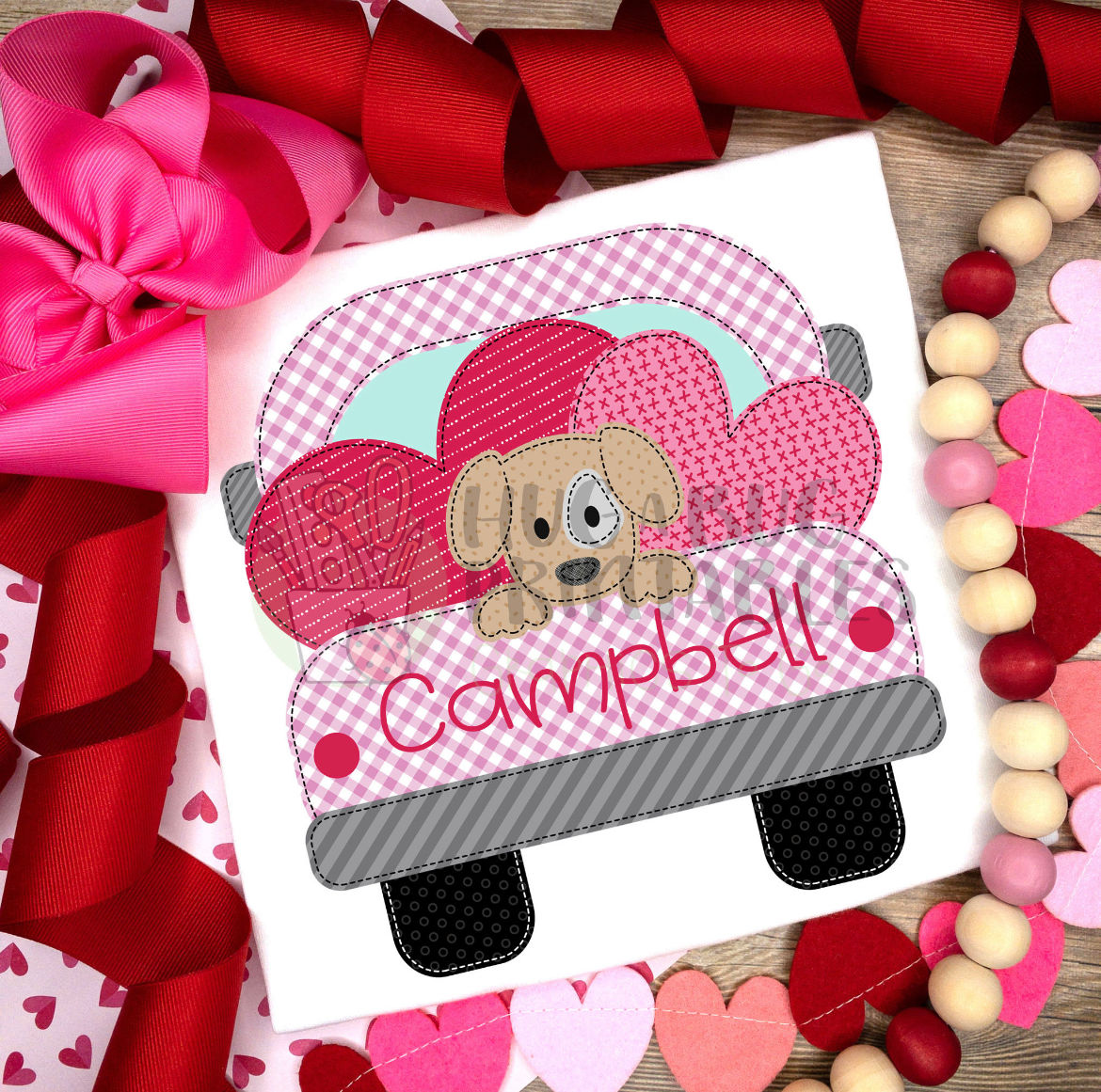 Valentine Pink Puppy Truck Faux Appliqué Shirt 