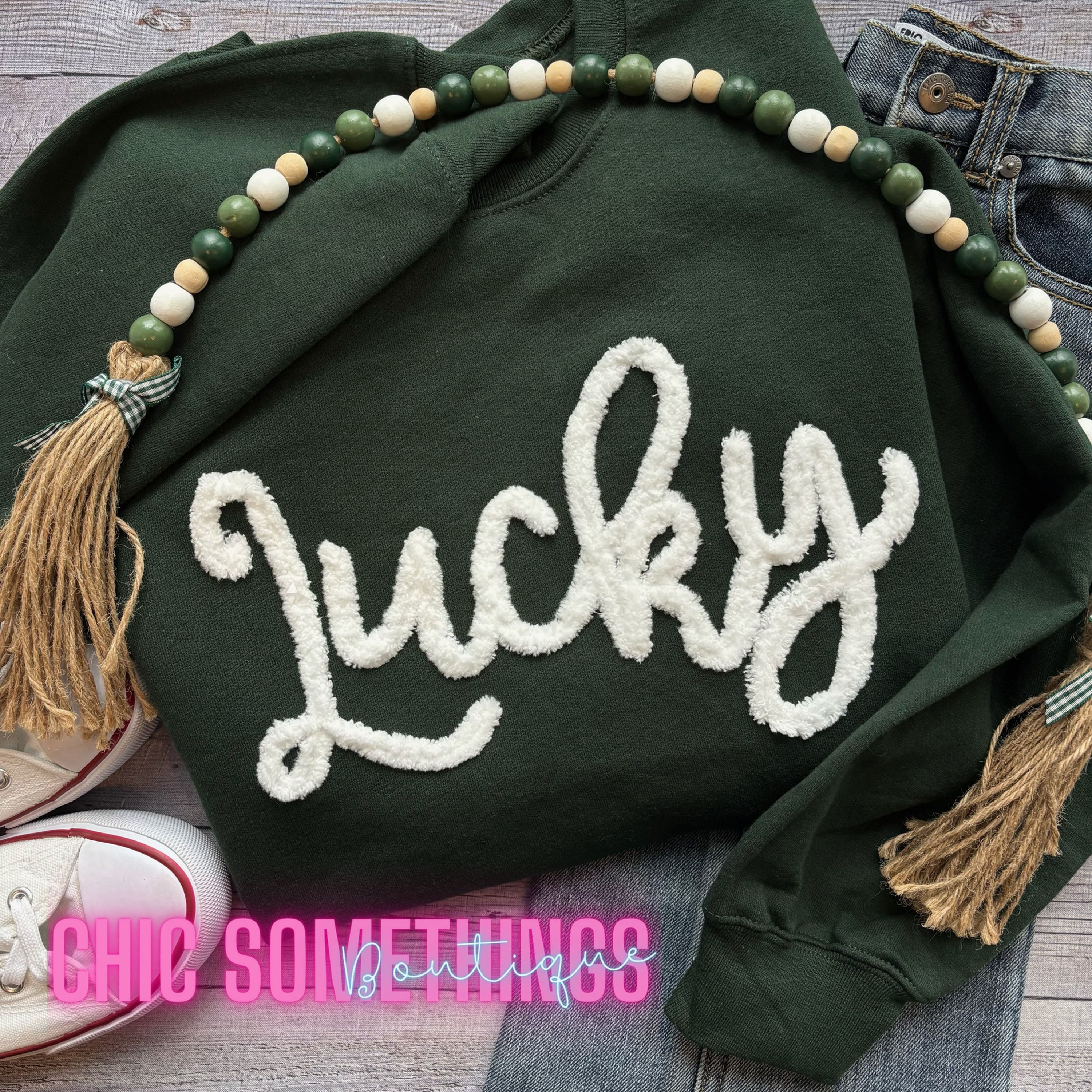 Lucky Chenille Letter Sweatshirt, Forest Green with White