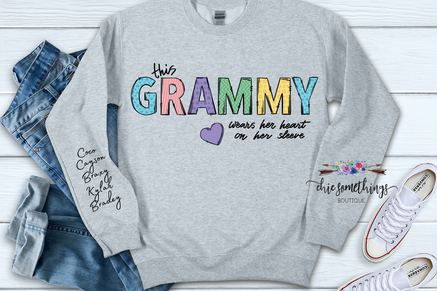Wears Her Heart on Her Sleeve with Name Hearts on Sleeve Pastel Sweatshirt