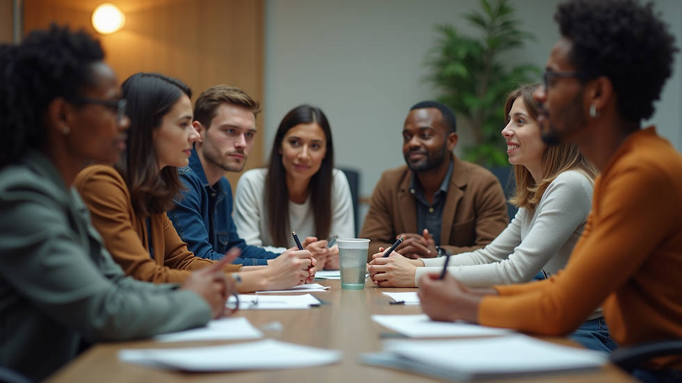 Eye-level view of a diverse group of individuals engaged in a peer support meeting